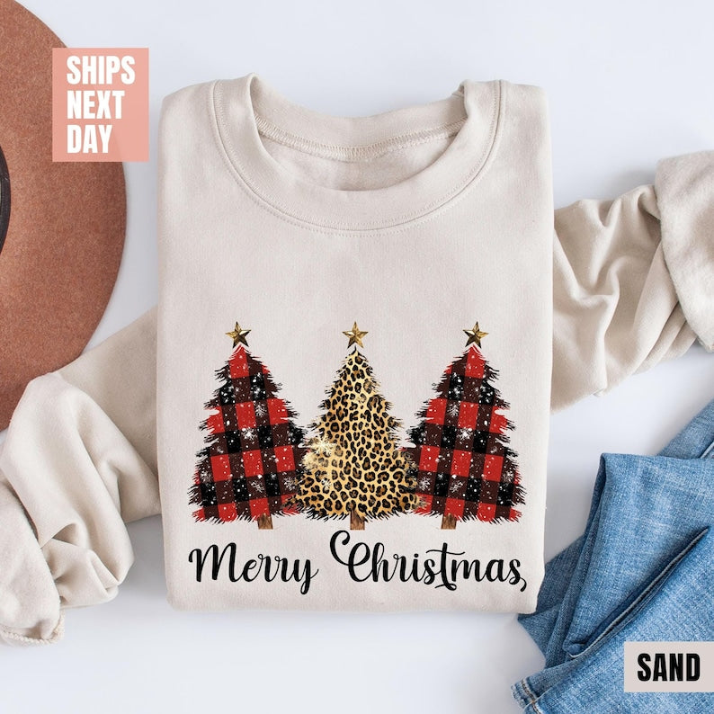 Retro Leopard Print Christmas Tree Sweatshirt (2XL-3XL)