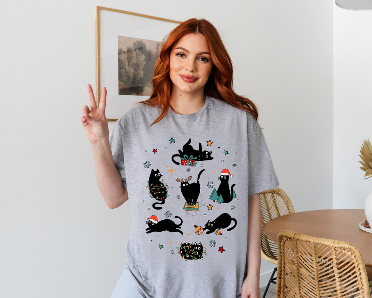 Christmas Black Cat T-Shirt, Kitten Christmas Shirt, Cat Lover Gift Tee, Cat Mom T-Shirt, Xmas Gift, Holiday Tee, Black Cat Christmas Shirt