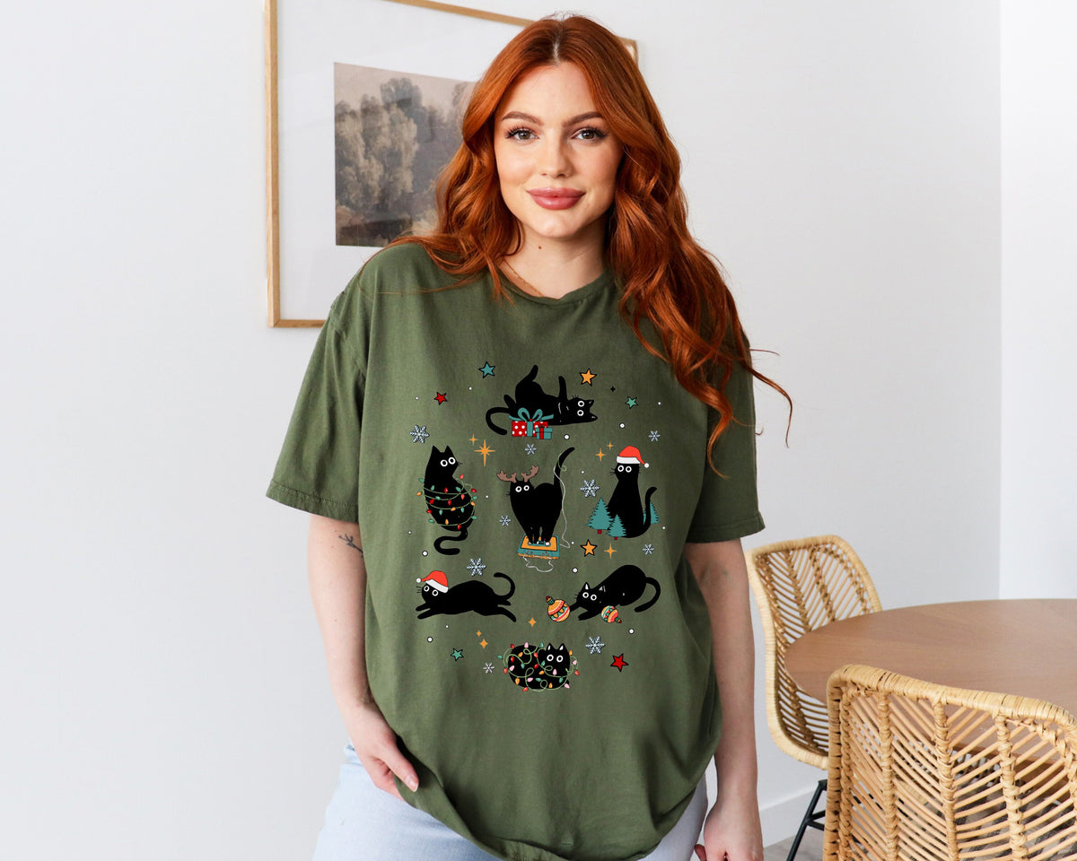 Christmas Black Cat T-Shirt, Kitten Christmas Shirt, Cat Lover Gift Tee, Cat Mom T-Shirt, Xmas Gift, Holiday Tee, Black Cat Christmas Shirt