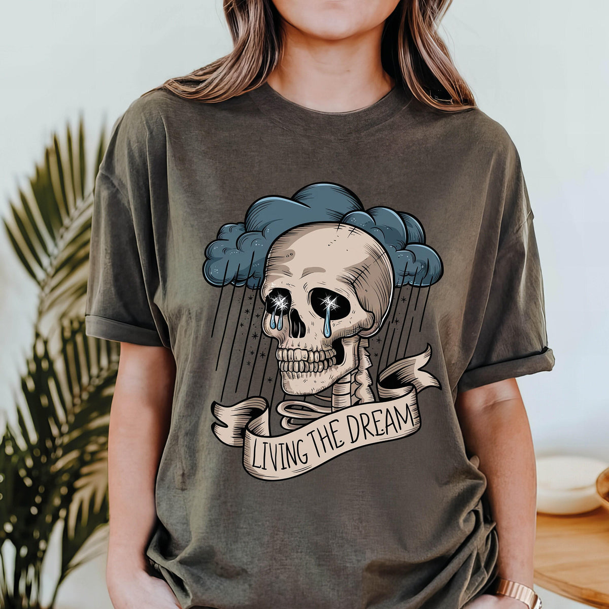Living The Dream Skull Shirt, Skeleton Graphic Tee, Retro Grunge Garment Dyed Shirt, Boho Hippie Aesthetic Shirt, Skull Shirt, Dream T-Shirt