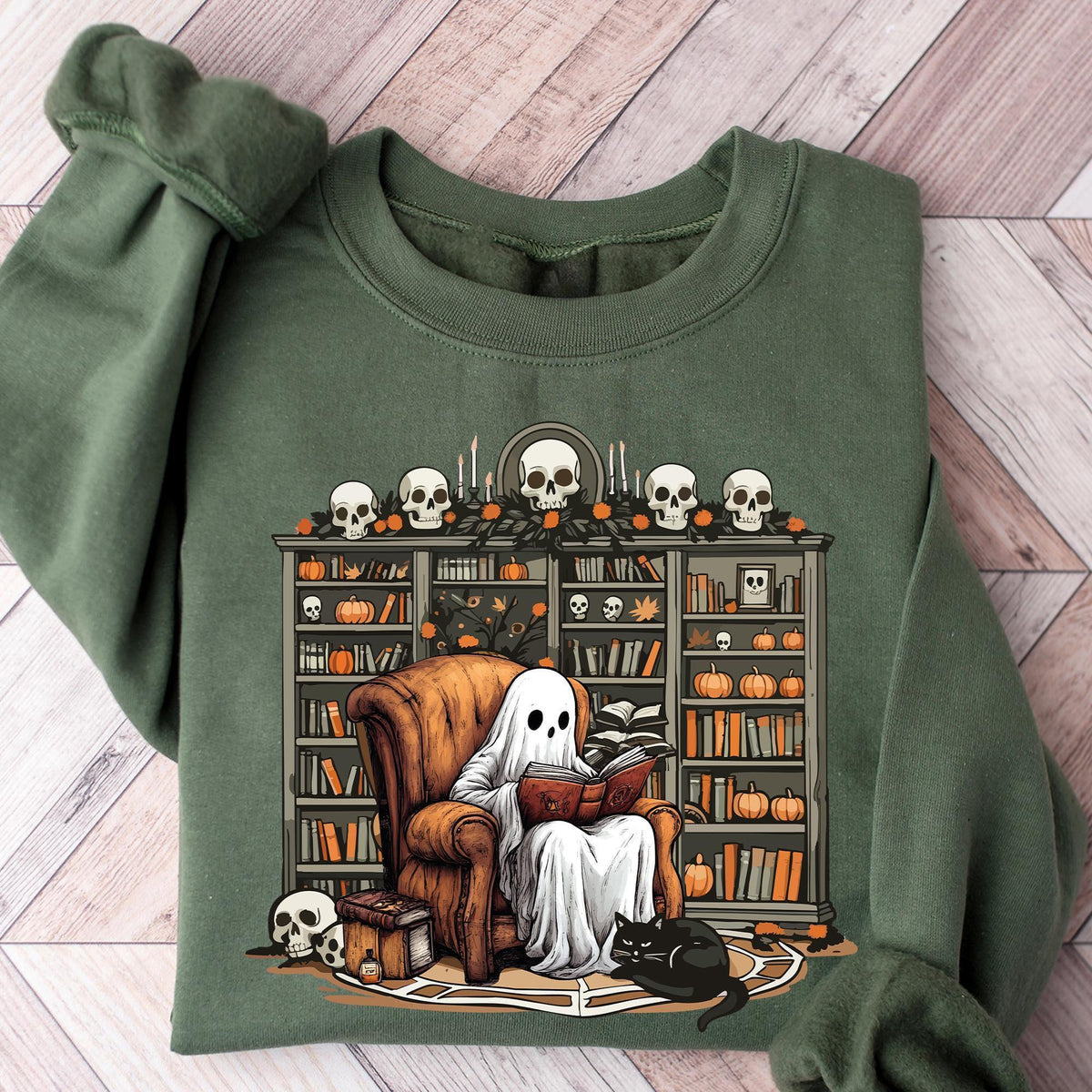 Retro Ghost Reading Books Sweatshirt, Librarian Ghost Halloween, Halloween Teacher Sweatshirts, Halloween T-shirt, Boo School, Teacher Gifts