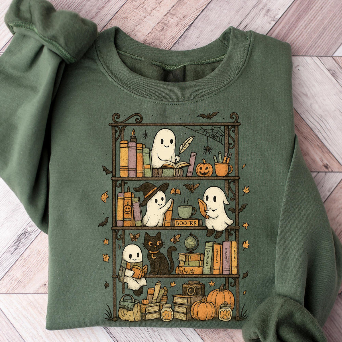 Retro Ghost Reading Books Sweatshirt, Librarian Ghost Halloween, Halloween Teacher Sweatshirts, Halloween T-shirt, Boo School, Teacher Gifts