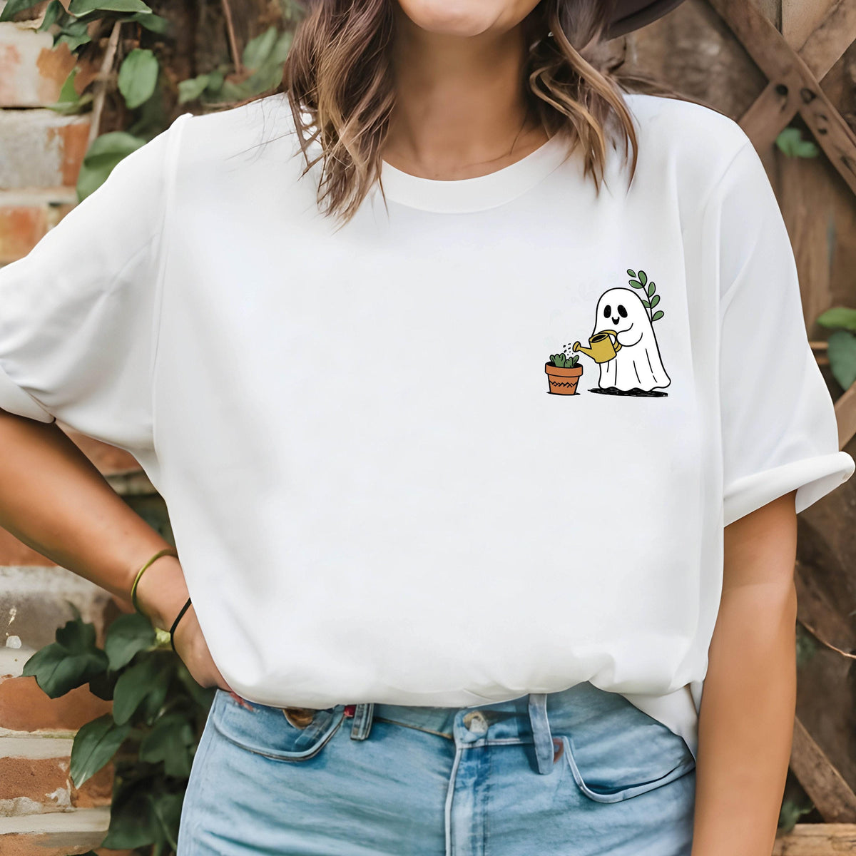 Halloween Pocket Size Ghost Shirt, Little Plant Lover Ghost Tee, Ghost Pocket T-Shirt, Cute Ghost Waters The Flowers Shirt, Halloween Gifts