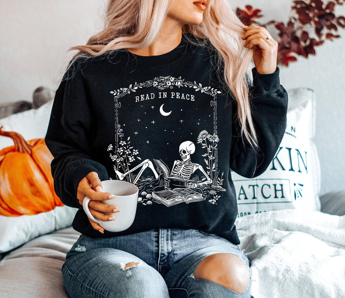 Read in Peace Sweatshirt, Skeleton Halloween Sweatshirt, Book Lover Skeleton Sweatshirt, Spooky Halloween Gift, Skeleton Reading Sweatshirt
