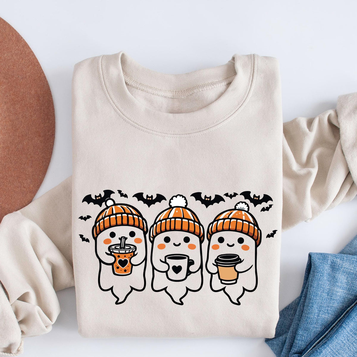 Cute Ghosts Halloween Girly Sweatshirt, Cute Ghosts With Coffee Halloween Sweater, Trendy Halloween Gifts, Boojee Girl Halloween Sweatshirts