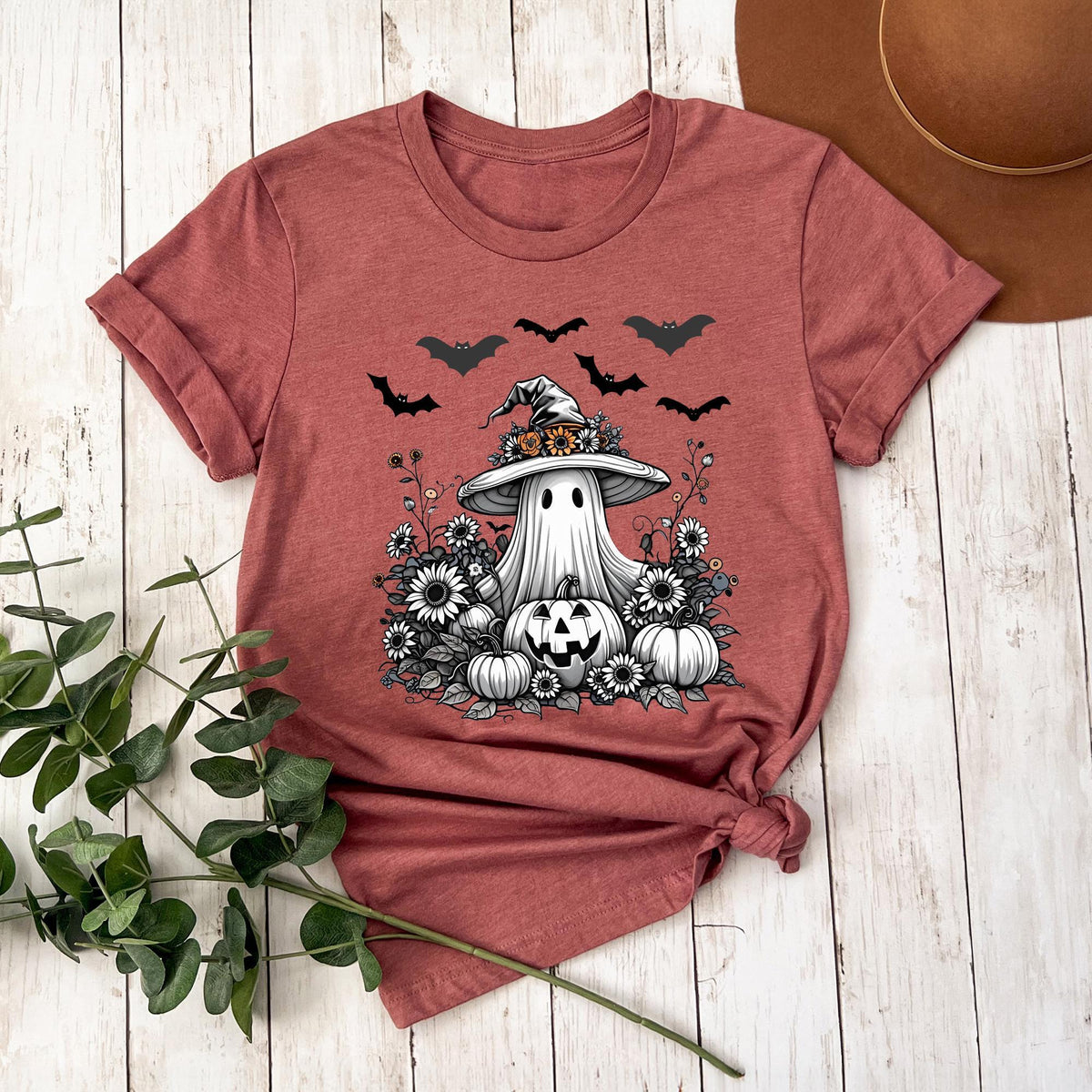 Halloween Shirt, Ghost With Flowers Pumpkin And Bats, Floral Spooky, Halloween Cute Ghost With Pumpkin, Spooky Ghost, Halloween Women's Tees