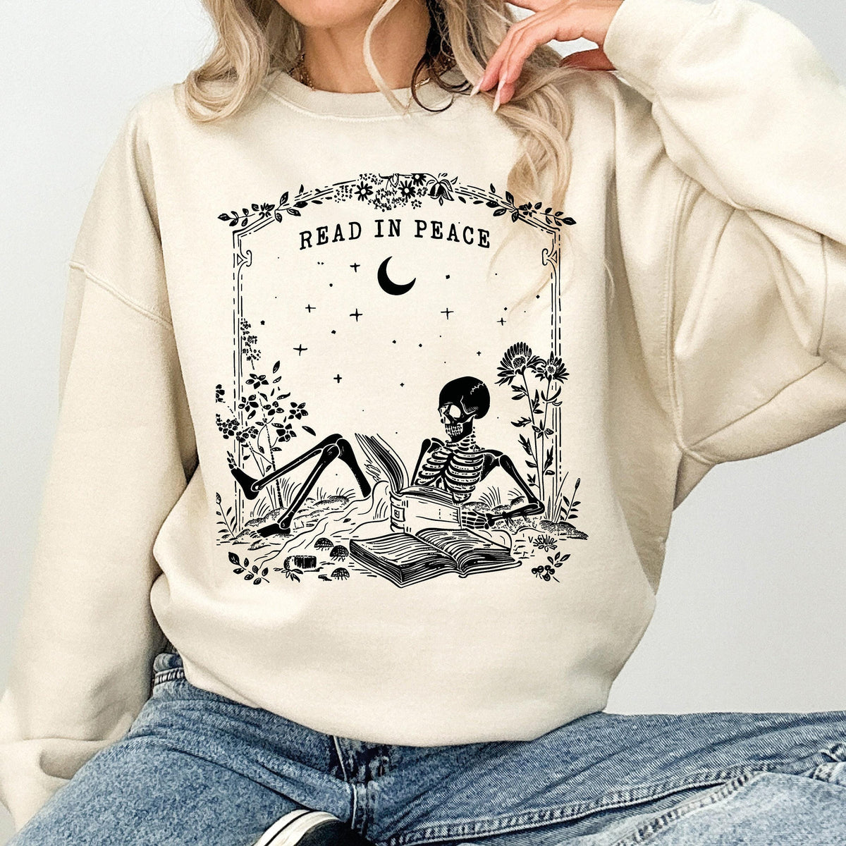 Read in Peace Sweatshirt, Skeleton Halloween Sweatshirt, Book Lover Skeleton Sweatshirt, Spooky Halloween Gift, Skeleton Reading Sweatshirt