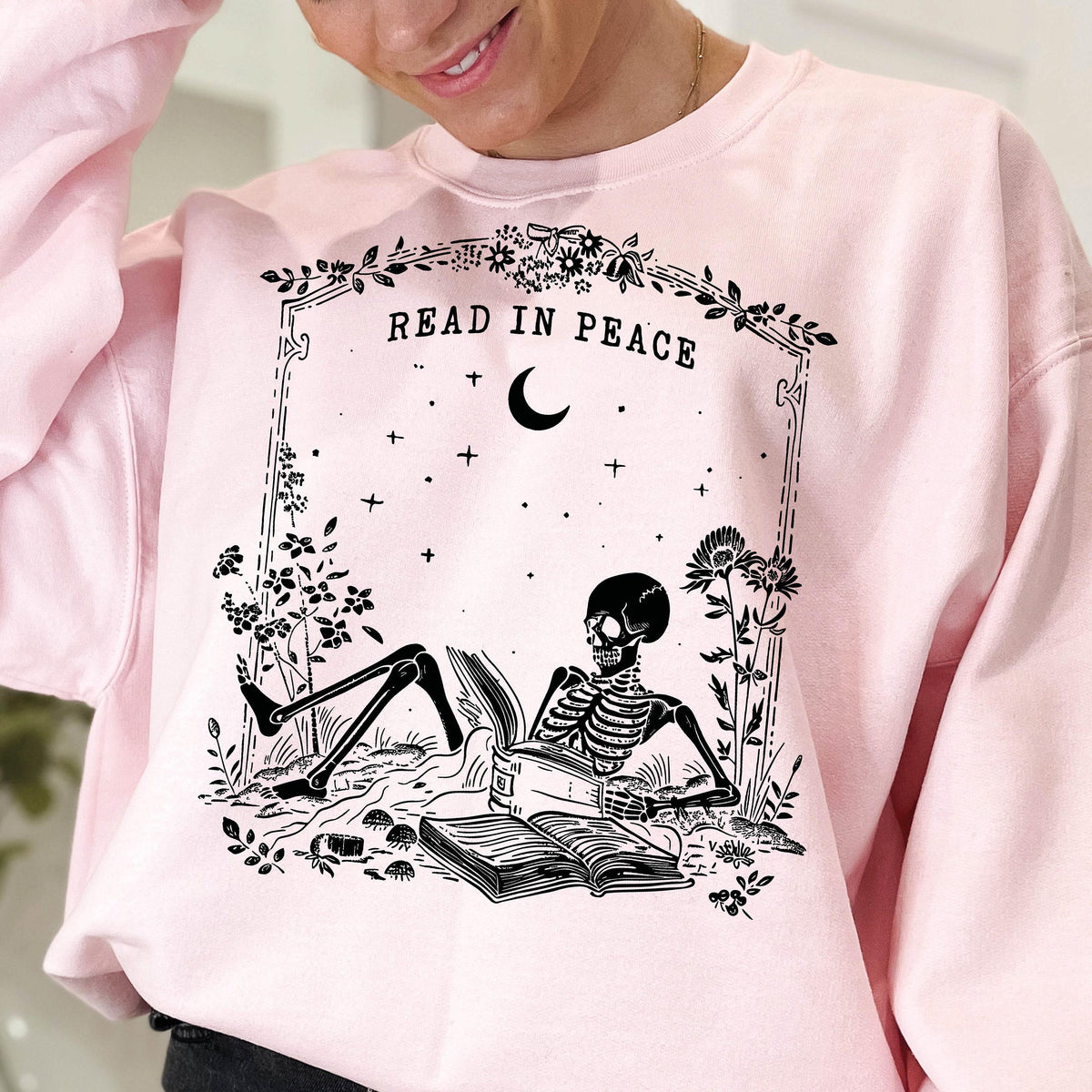 Read in Peace Sweatshirt, Skeleton Halloween Sweatshirt, Book Lover Skeleton Sweatshirt, Spooky Halloween Gift, Skeleton Reading Sweatshirt