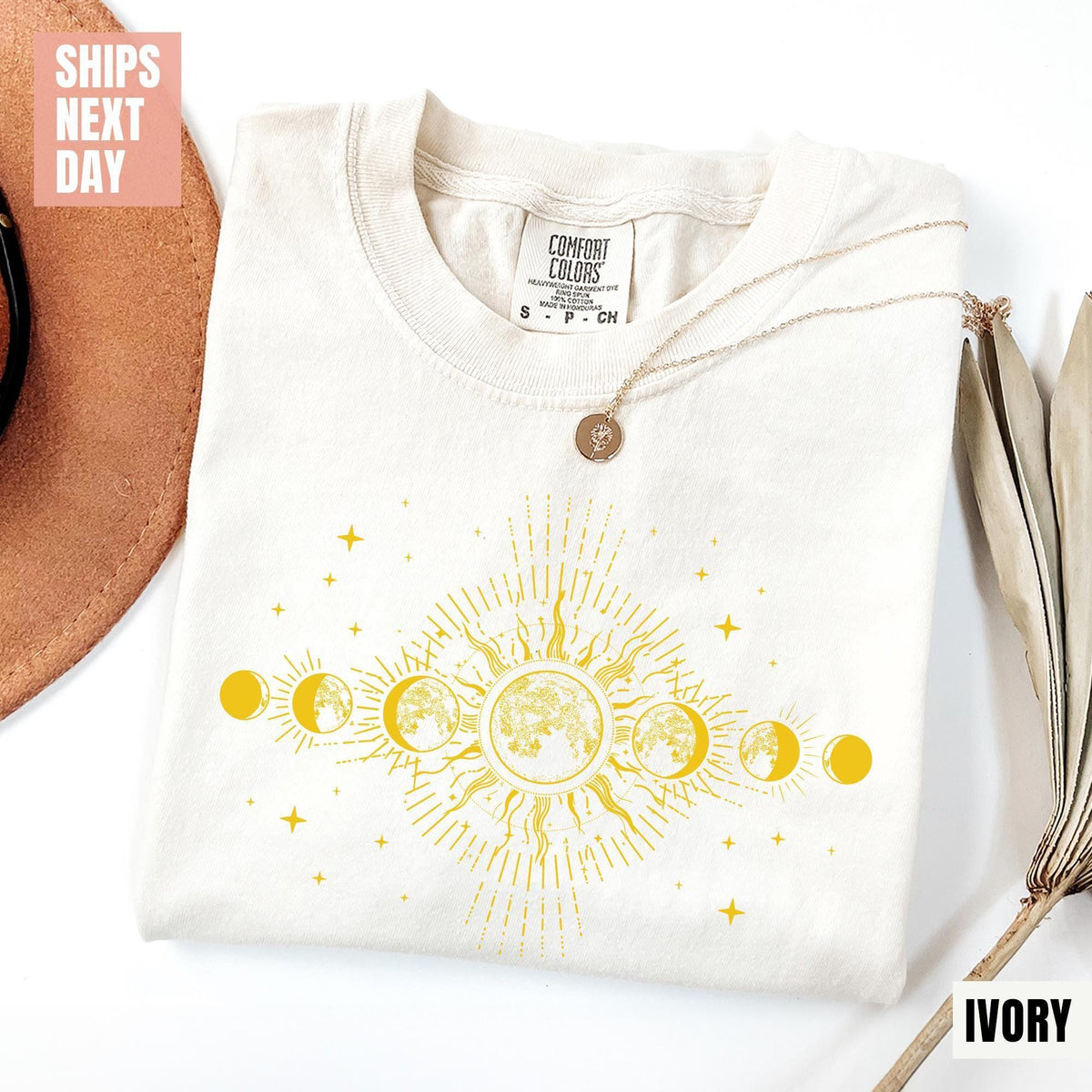 Celestial Comfort Colors® Shirt, Moon Phase T-shirt, Boho Mystical Moon And Sun Tee, Boho Moon Outfit, Spiritual Moon Women Clothing T-shirt