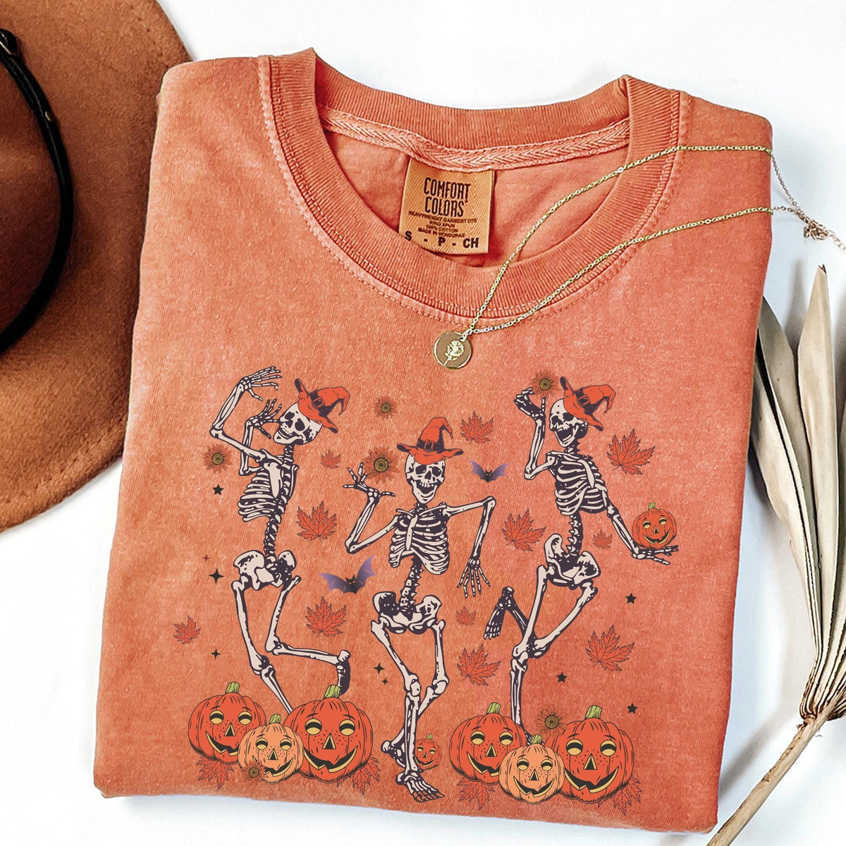 Retro Halloween Shirt, Comfort Colors® Halloween shirt, Dancing Skeleton Halloween T-shirt, Pumpkin Black Cat Shirt, Spooky Season Fall Tees