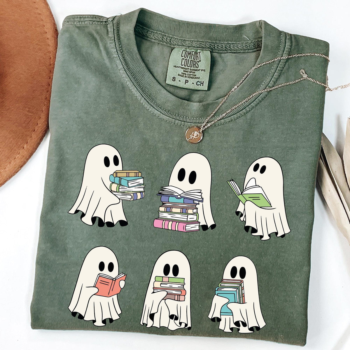 Comfort Colors® Cute Ghost Reading Book Halloween Tshirt, Ghost Girly Halloween Gift, Trendy Halloween Gift, Ghost Reading Book Girly Shirts