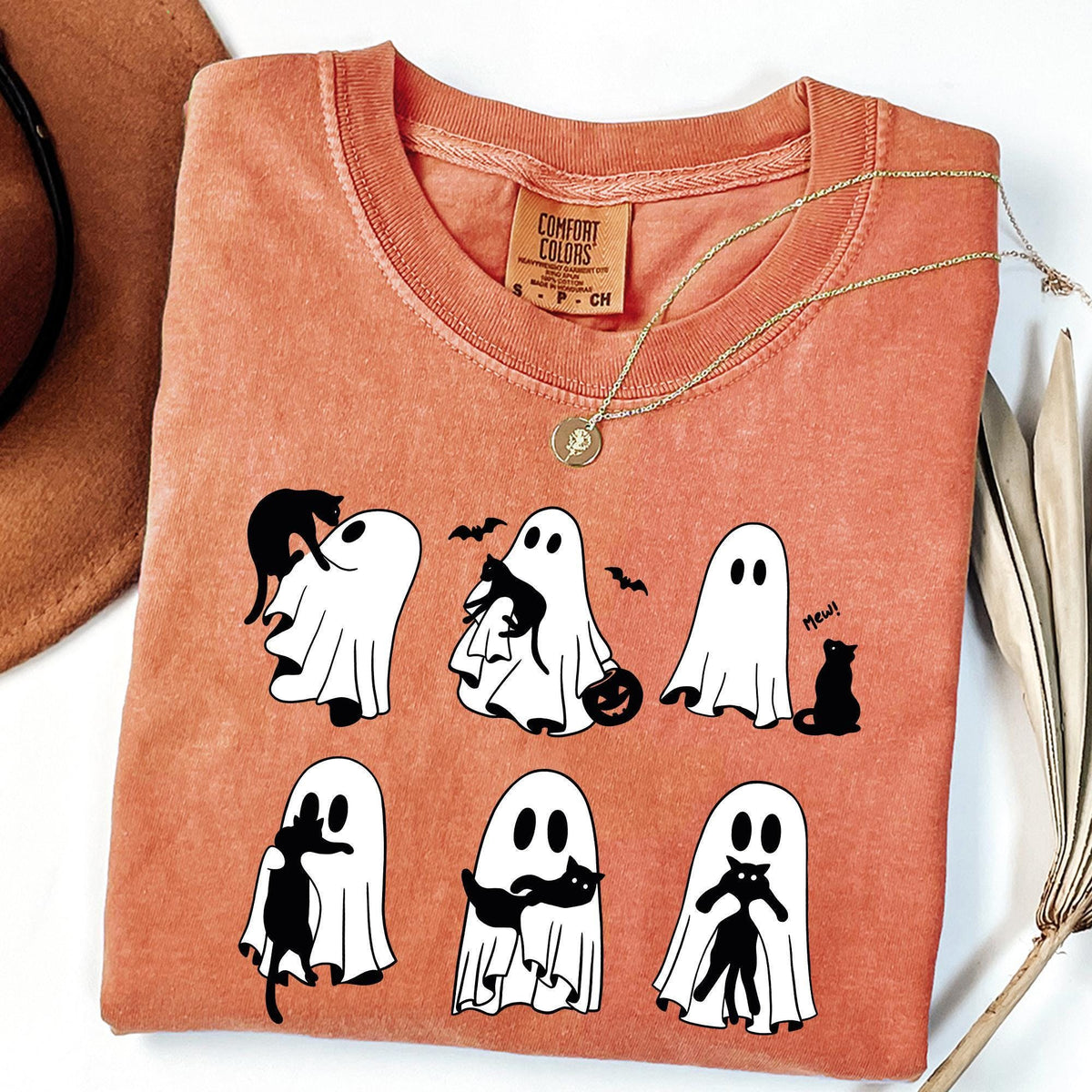 Ghost Cat Shirt, Comfort Colors® Cat Ghost T-Shirt, Cute Cat Lovers Shirt, Retro Ghost Halloween, Spooky Season Gift, Halloween Cat T-shirts