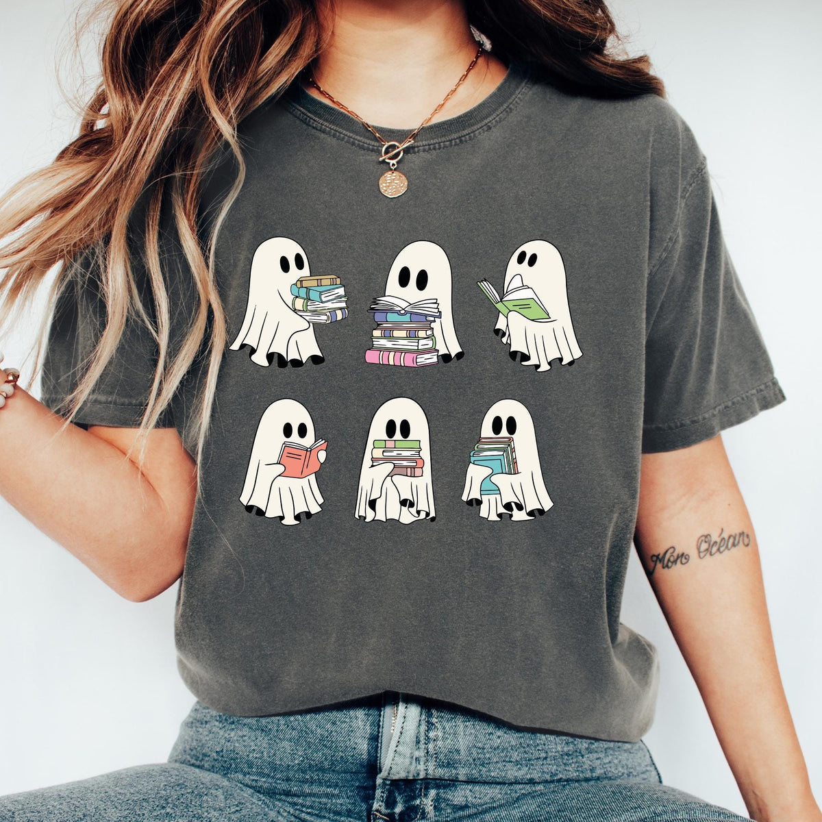 Comfort Colors® Cute Ghost Reading Book Halloween Tshirt, Ghost Girly Halloween Gift, Trendy Halloween Gift, Ghost Reading Book Girly Shirts