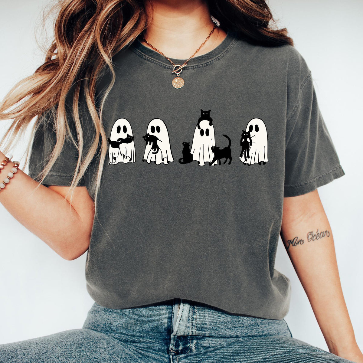Halloween Black Cat & Ghost Comfort Colors® Shirt, Halloween Ghost Shirt, Spooky Season Cat Tee, Halloween Gift, Halloween Cute Women Outfit