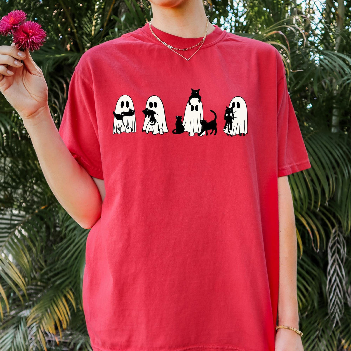 Halloween Black Cat & Ghost Comfort Colors® Shirt, Halloween Ghost Shirt, Spooky Season Cat Tee, Halloween Gift, Halloween Cute Women Outfit