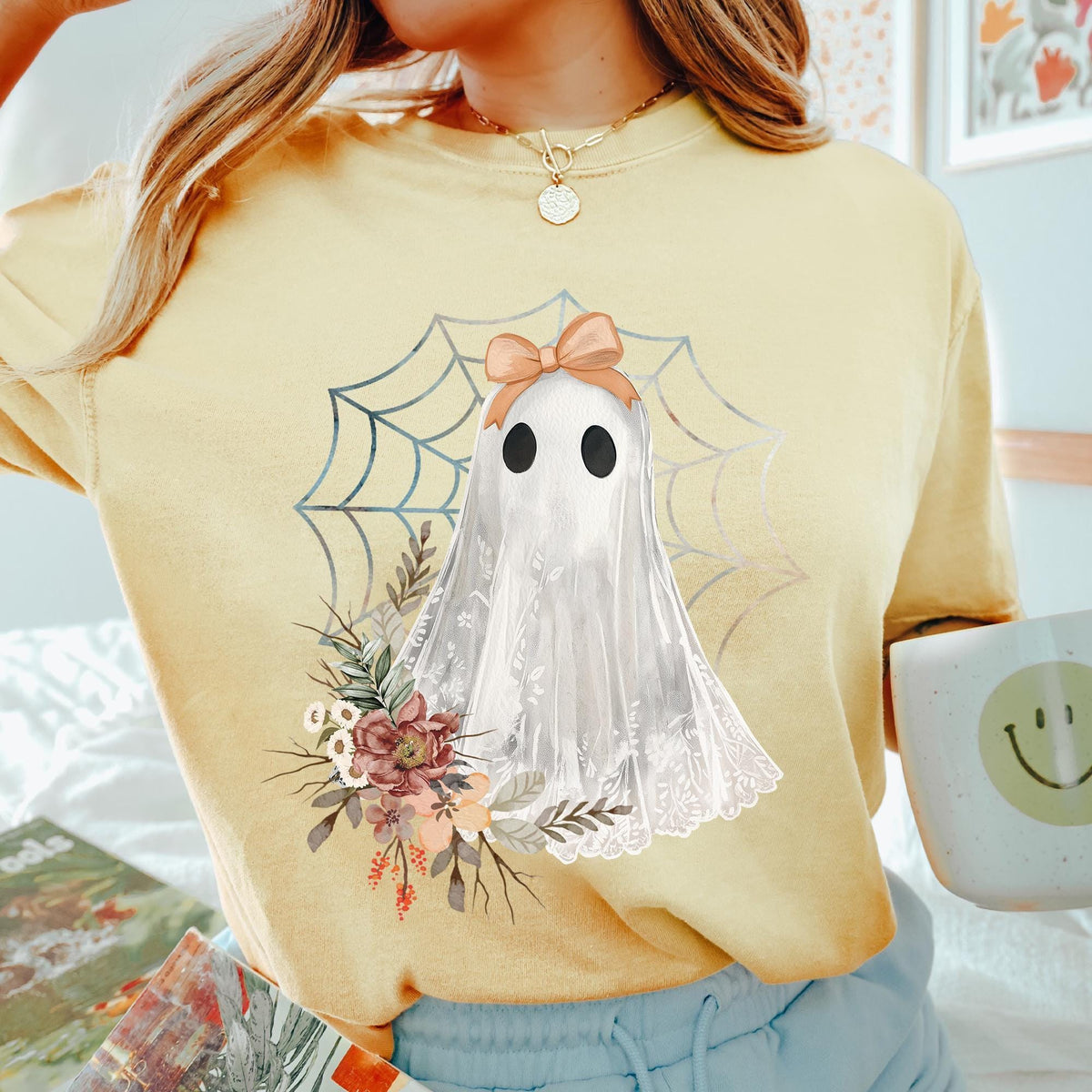 Halloween Lace Ghost T Shirt, Spooky Coquette TShirt, Girly Ghost Orange Bow Tee, Lacey Ghost Tee, Spooky Season Top Outfit, Comfort Colors®