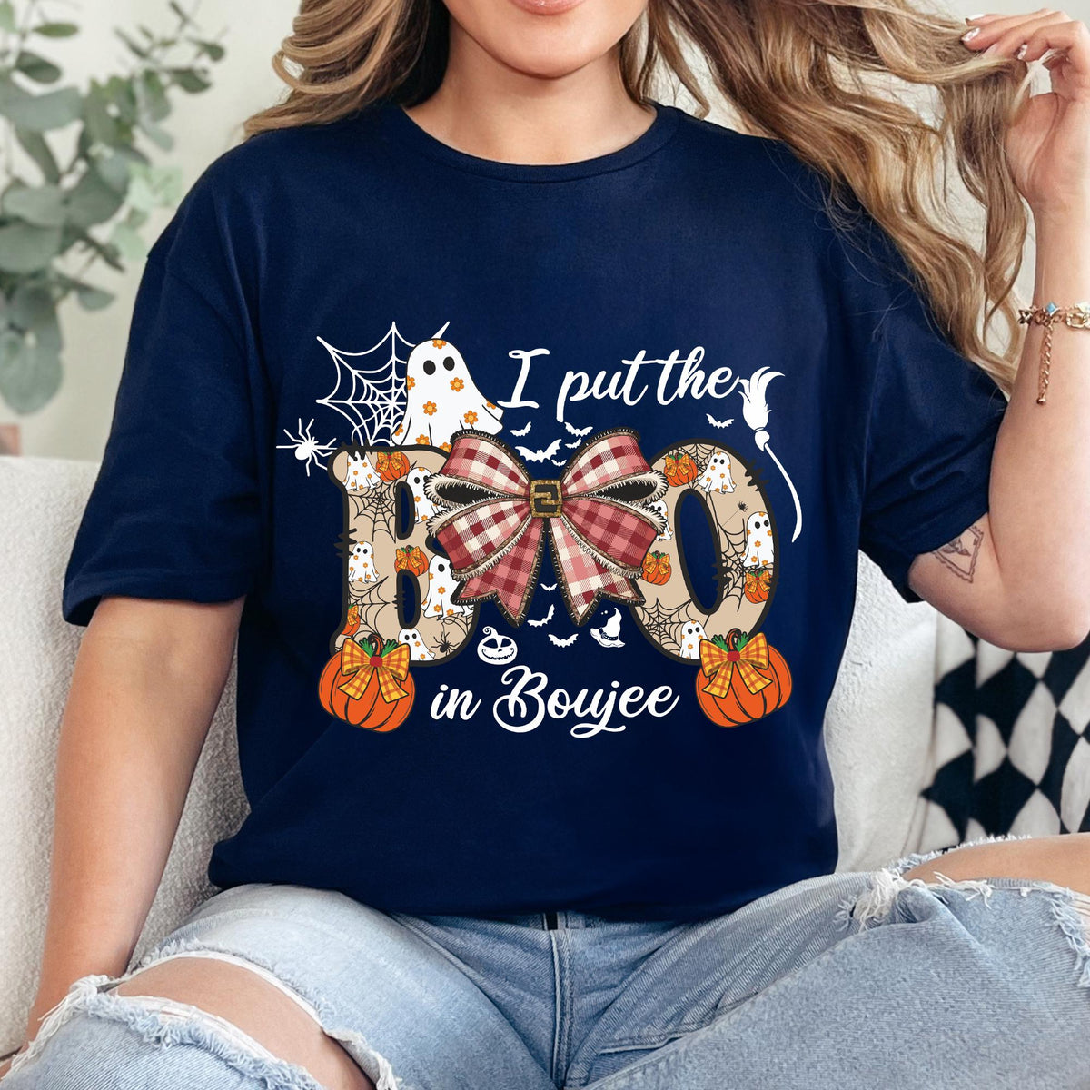 I put the Boo in Boujee Sweatshirt, Boo Jee Ghost Sweaters, Gothic Halloween Tee Shirt Women, Pumpkin Plaid Bow T-shirts, Spooky Vibes Tees