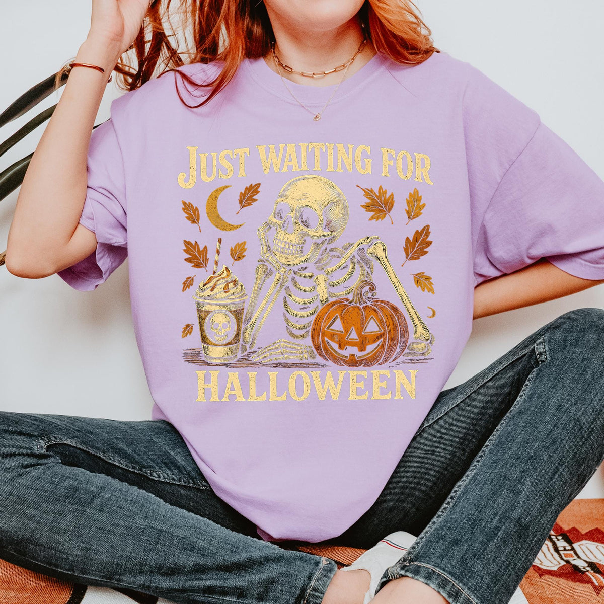 Comfort Colors® Just Waiting for Halloween Shirt, Funny Skeleton Pumpkin Shirt, Retro Halloween T-Shirt for Her, Spooky Fall Graphic T-shirt