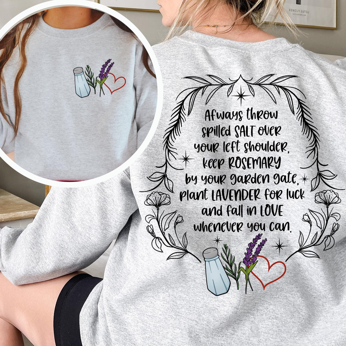 Salt Rosemary Lavender Love Front and Back Sweatshirt, Practical Magic Sweatshirt, Magic Spell Hoodie, Witchy T-shirts, Halloween Sweatshirt