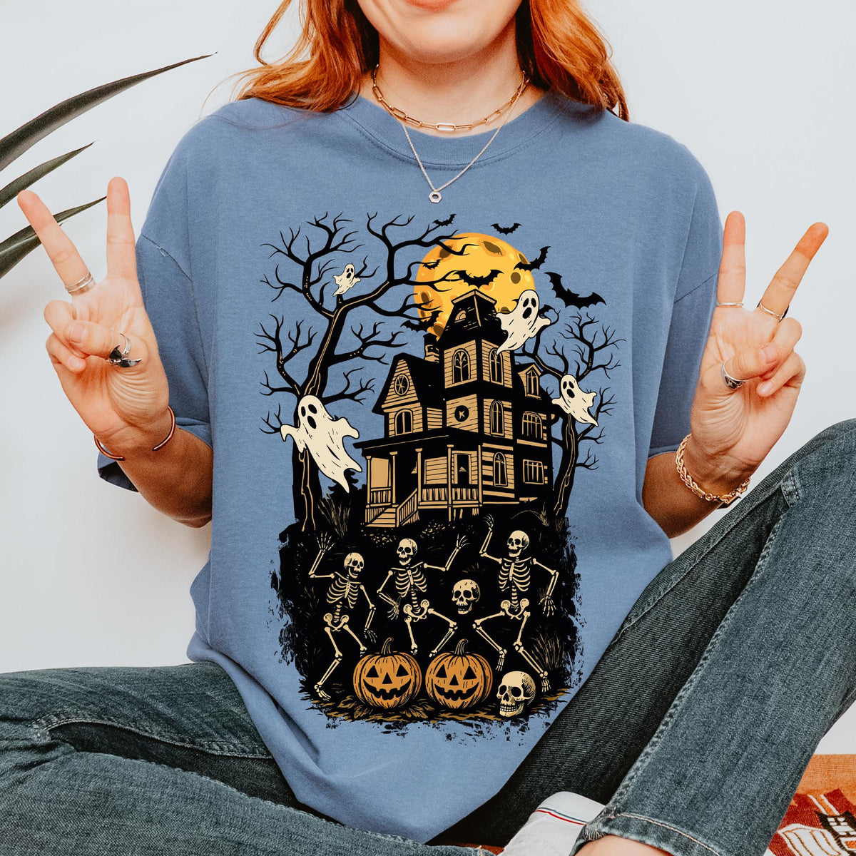 Halloween Skeleton Haunted House Shirt, Halloween Haunted House Shirt, Comfort Colors® Retro Halloween Ghost, Spooky Dancing Skeleton Shirts