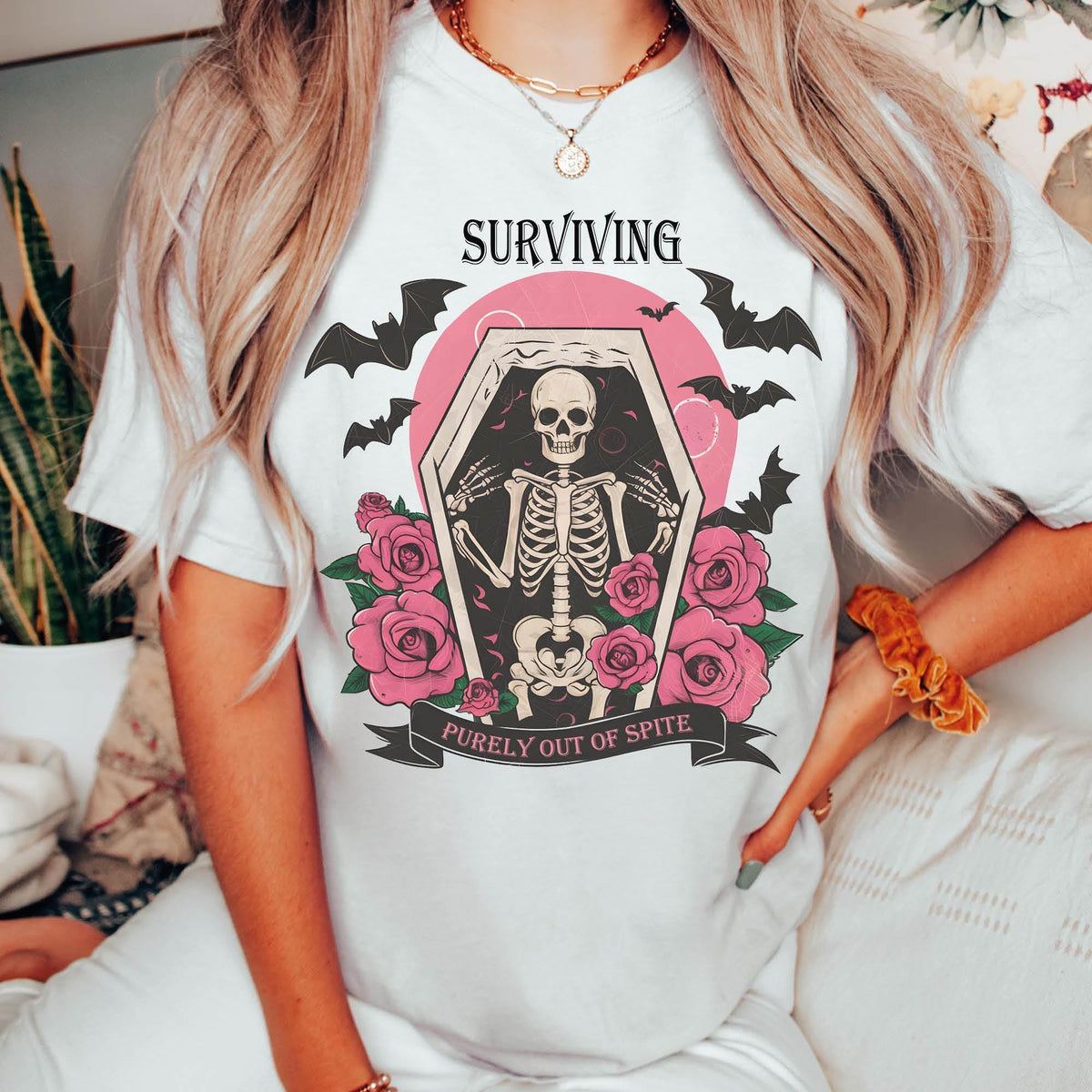 Surviving Purely out of Spite Shirt, Bat Lover Gothic Boho Garment Dyed Shirt, Comfort Colors®, Funny Goth Celestial Skeleton and Bats Shirt