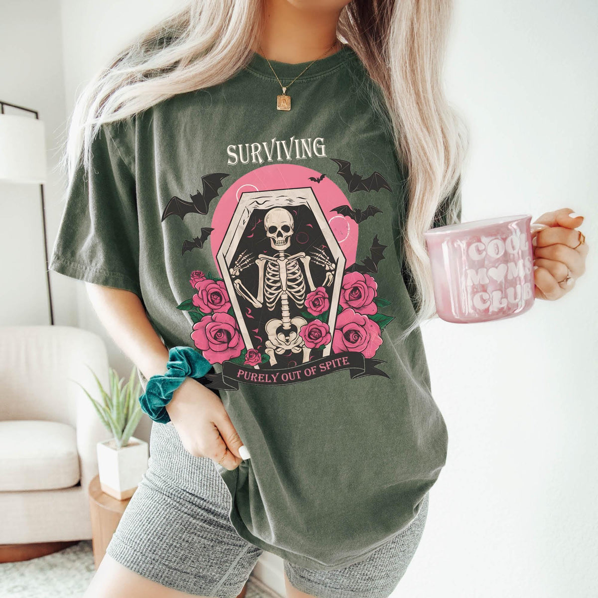 Surviving Purely out of Spite Shirt, Bat Lover Gothic Boho Garment Dyed Shirt, Comfort Colors®, Funny Goth Celestial Skeleton and Bats Shirt