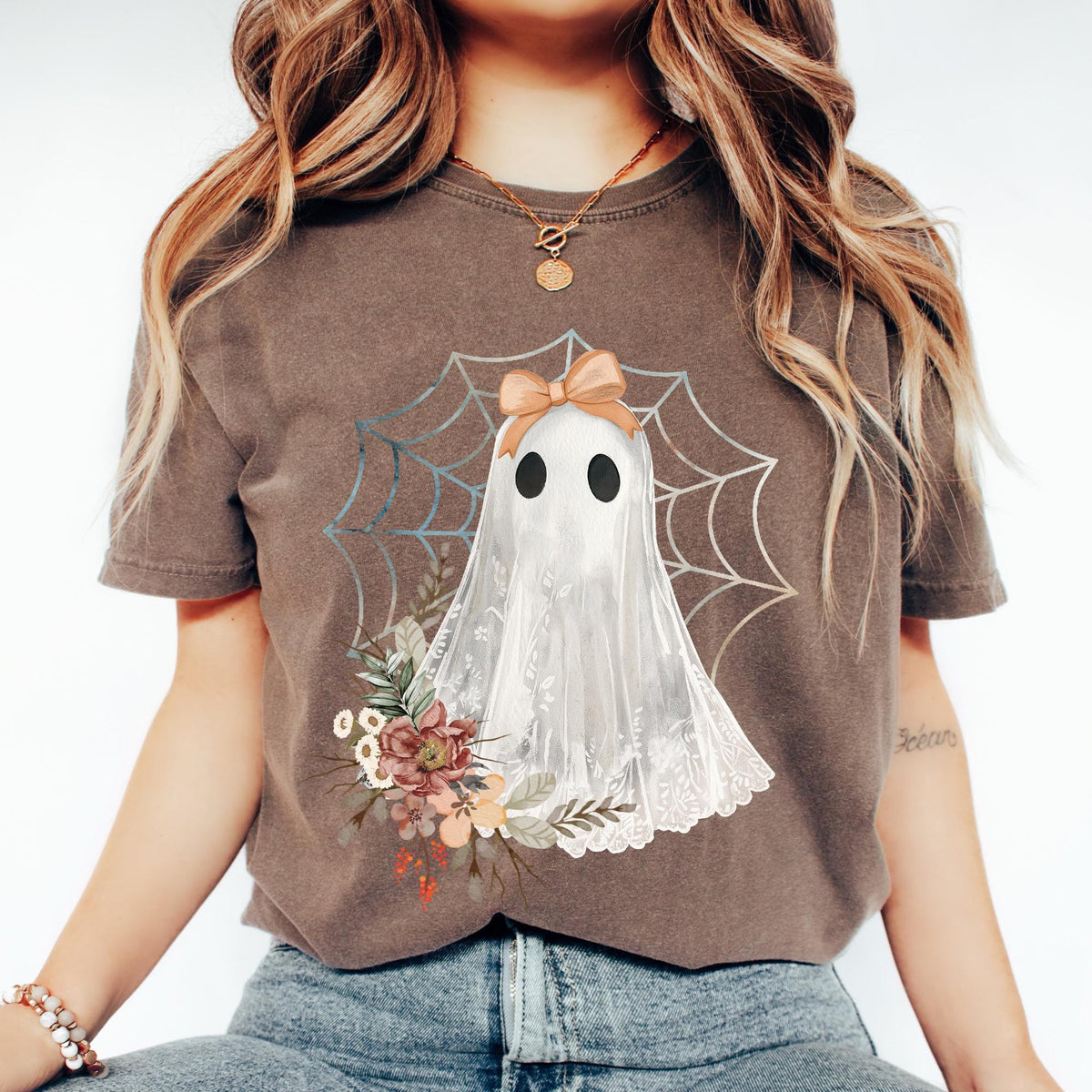 Halloween Lace Ghost T Shirt, Spooky Coquette TShirt, Girly Ghost Orange Bow Tee, Lacey Ghost Tee, Spooky Season Top Outfit, Comfort Colors®