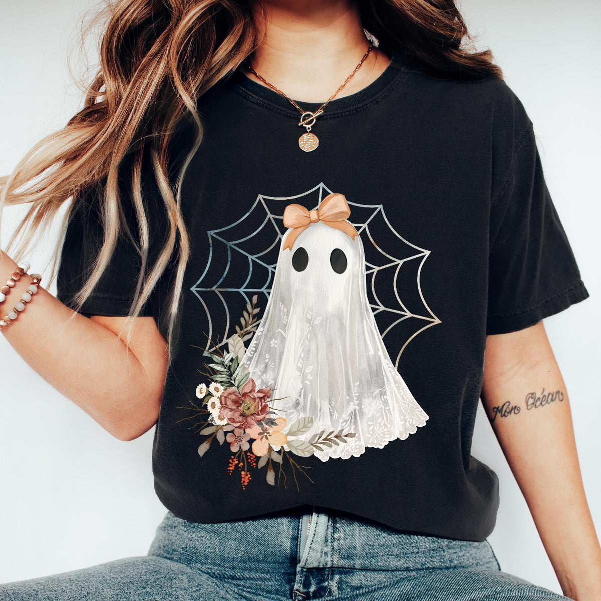Halloween Lace Ghost T Shirt, Spooky Coquette TShirt, Girly Ghost Orange Bow Tee, Lacey Ghost Tee, Spooky Season Top Outfit, Comfort Colors®
