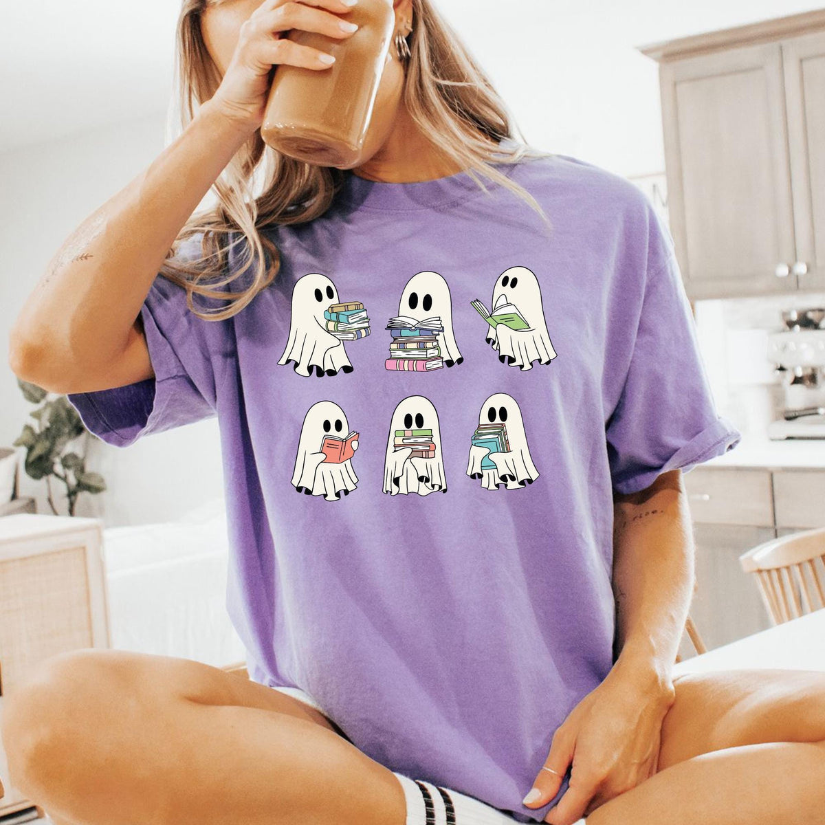 Comfort Colors® Cute Ghost Reading Book Halloween Tshirt, Ghost Girly Halloween Gift, Trendy Halloween Gift, Ghost Reading Book Girly Shirts