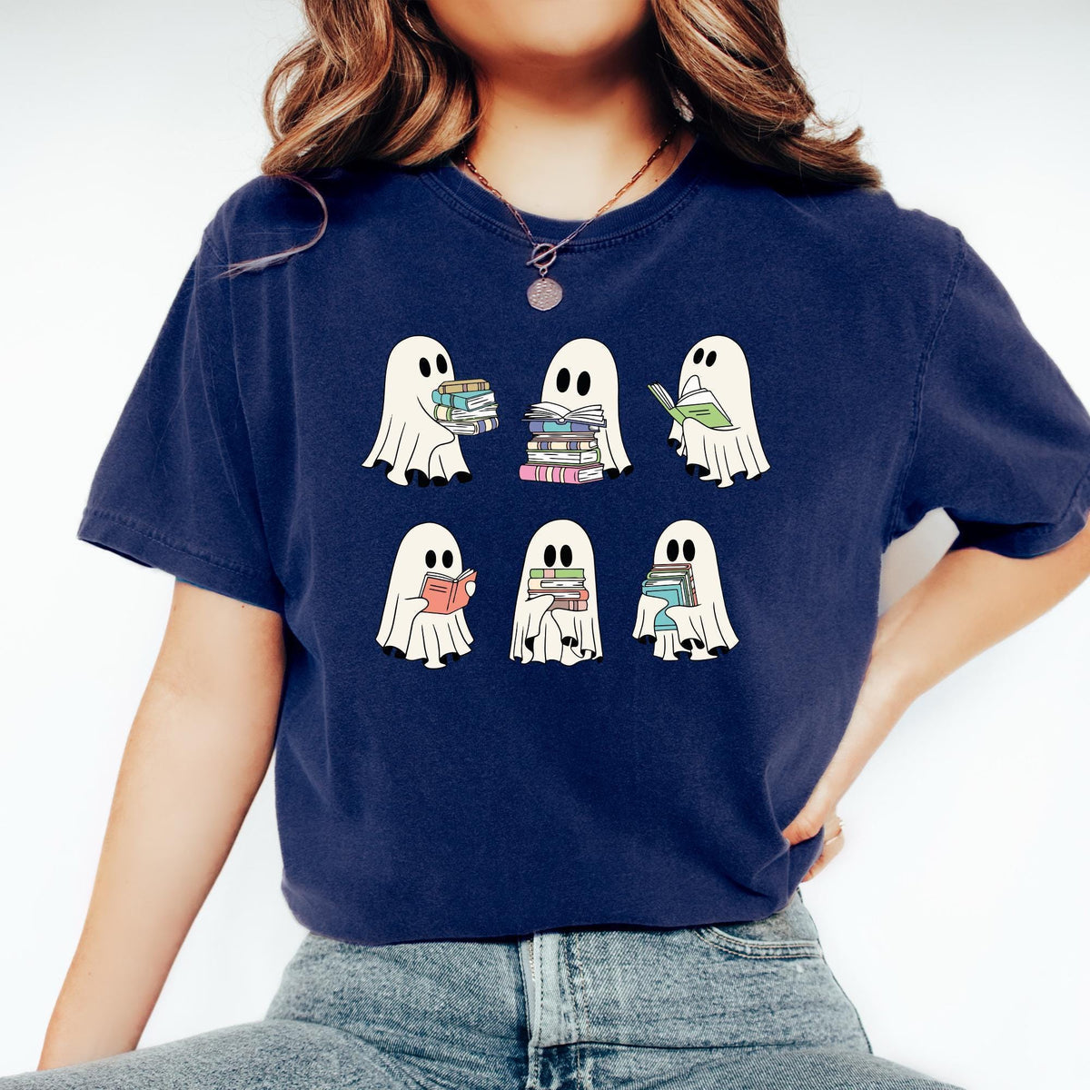 Comfort Colors® Cute Ghost Reading Book Halloween Tshirt, Ghost Girly Halloween Gift, Trendy Halloween Gift, Ghost Reading Book Girly Shirts