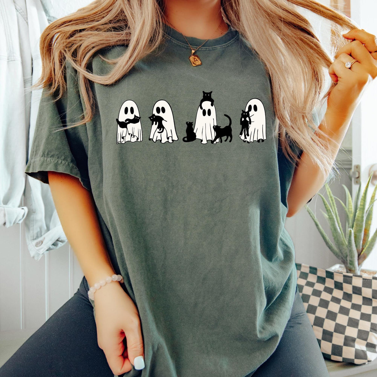 Halloween Black Cat & Ghost Comfort Colors® Shirt, Halloween Ghost Shirt, Spooky Season Cat Tee, Halloween Gift, Halloween Cute Women Outfit