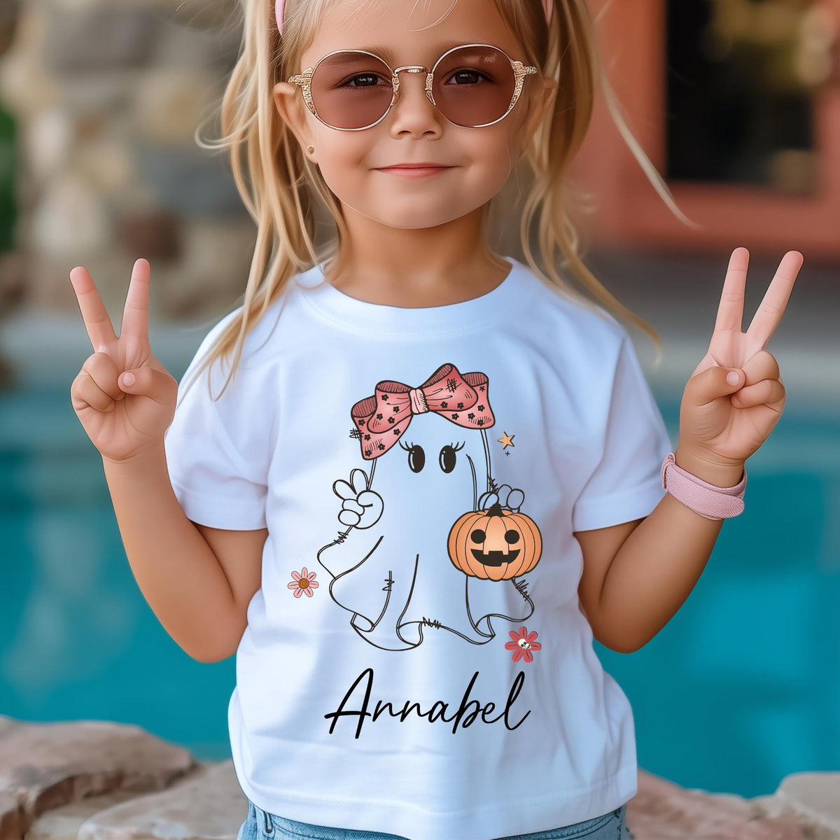 Personalized Girls Halloween Shirt, Girls Ghost Name Toddler T-shirt, Cute Fall Girls T-shirt, Custom Retro Halloween Natural Girls T-shirts