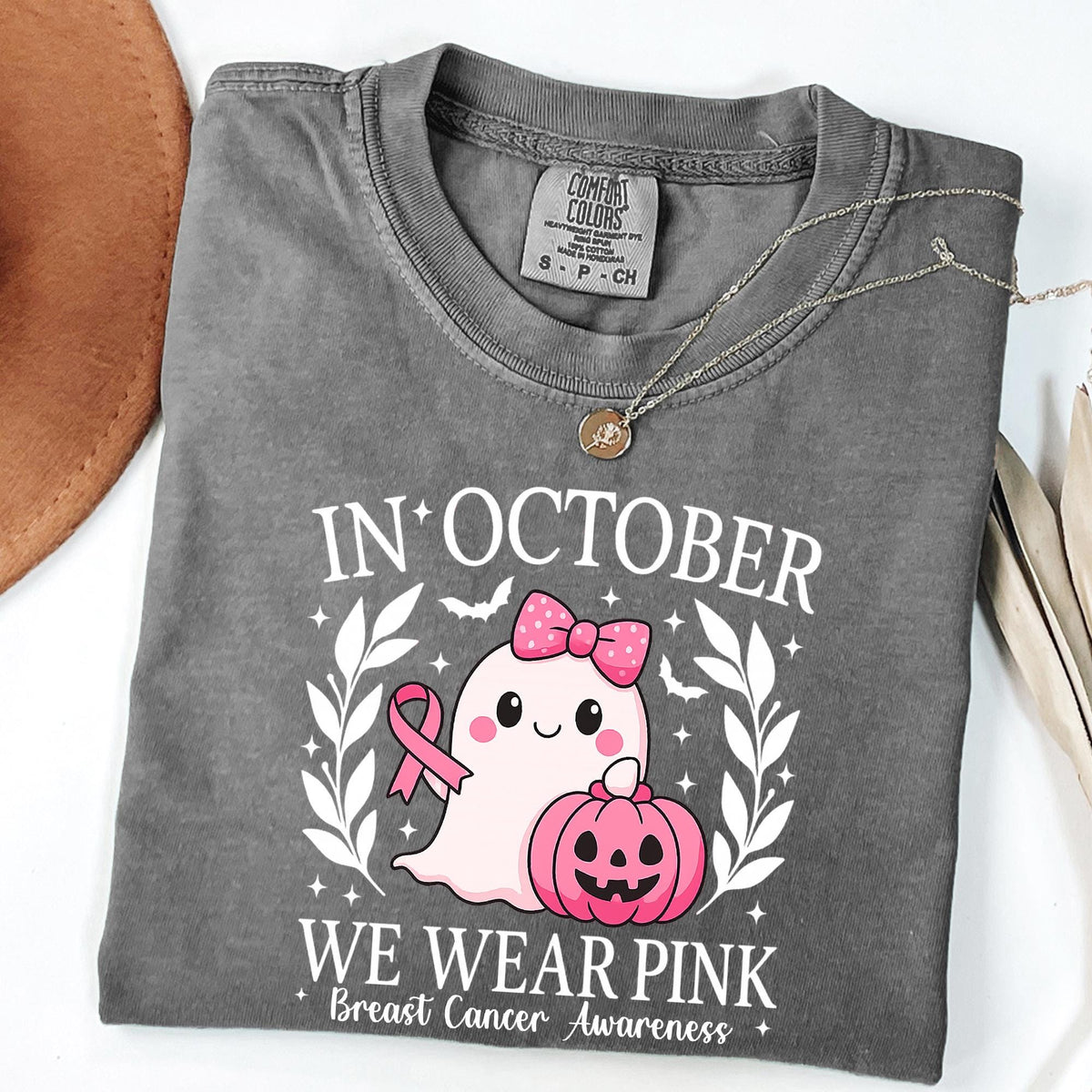 Comfort Colors®In October We Wear Pink Ghost Sweatshirt, Halloween Ghost T-shirt, Cancer Pink Ribbon Shirt gift, Breast Cancer Awareness Tee