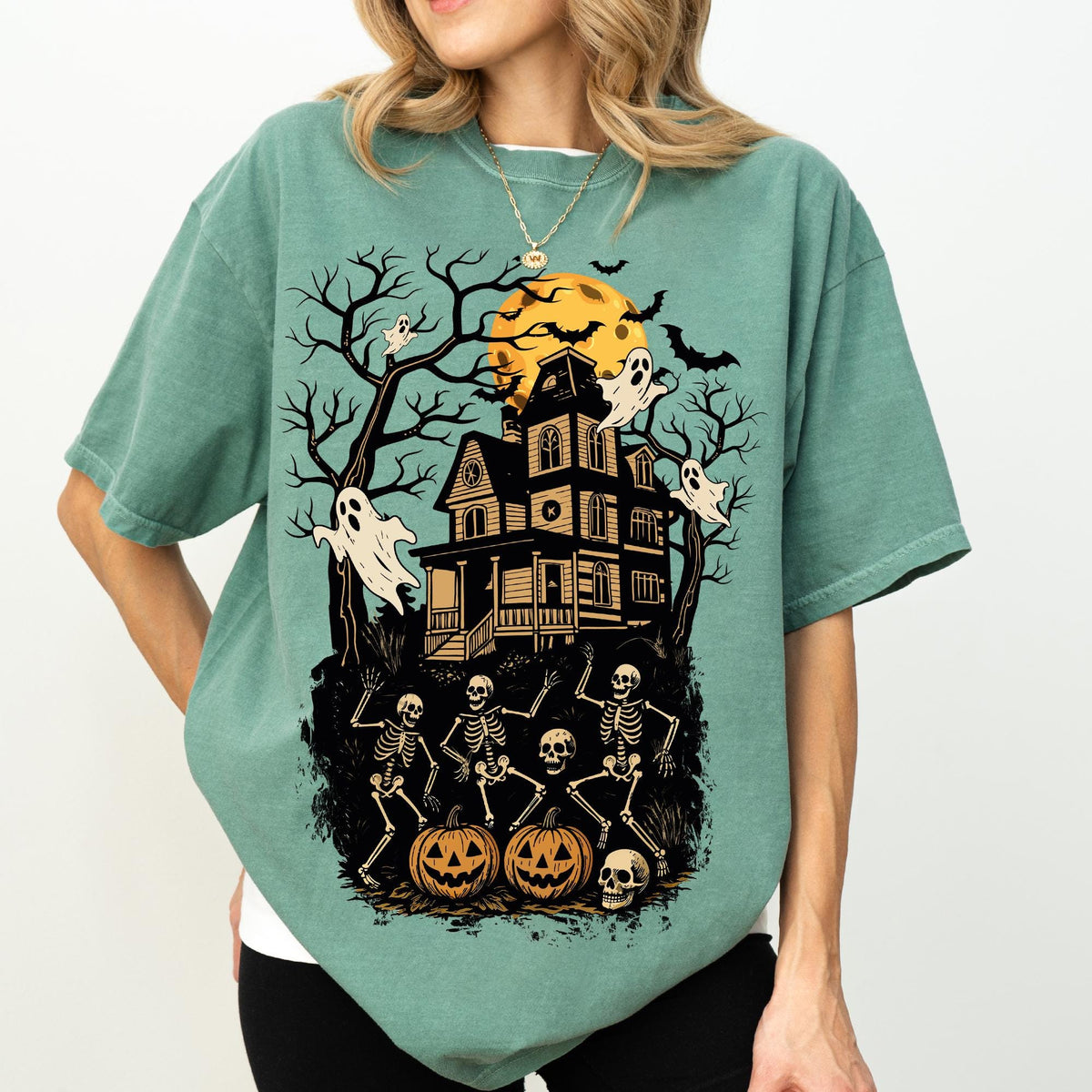 Halloween Skeleton Haunted House Shirt, Halloween Haunted House Shirt, Comfort Colors® Retro Halloween Ghost, Spooky Dancing Skeleton Shirts