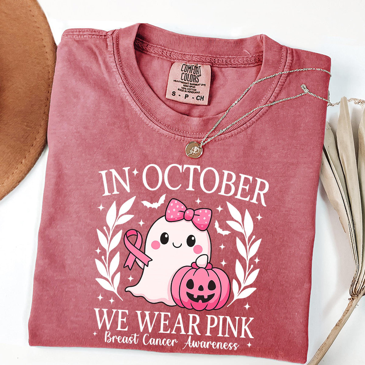 Comfort Colors®In October We Wear Pink Ghost Sweatshirt, Halloween Ghost T-shirt, Cancer Pink Ribbon Shirt gift, Breast Cancer Awareness Tee