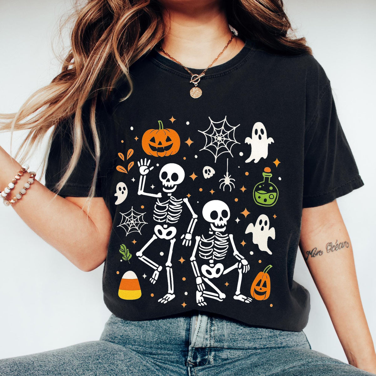 Subtle Skeleton Halloween Shirt, Pumpkin Halloween Tee, Halloween Skeleton T-shirts, Pumpkin Shirt, Comfort Colors®, Spooky Season T-Shirts