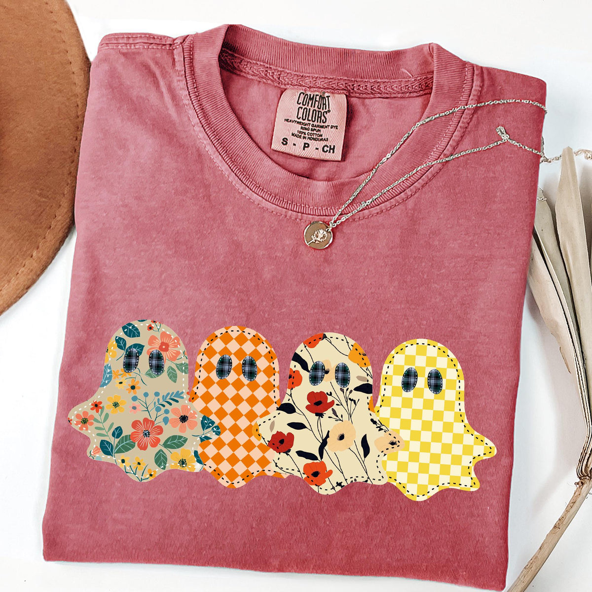 Spooky Season Ghost Shirt, Floral Patchwork Style Print Tee, Preppy Fall Pumpkin Shirt, Comfort Colors® Spooky Tee, Ghost Halloween T-Shirts
