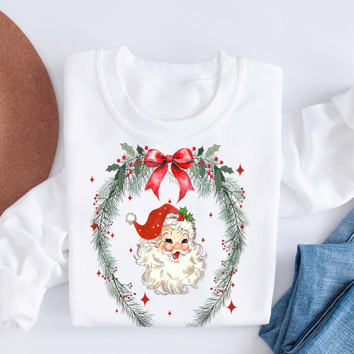 Vintage Santa Claus Sweatshirt, Christmas Coquette Bow Garland Tee, Christmas Santa Crewneck, Christmas Classic Shirt, Girly Christmas Gifts