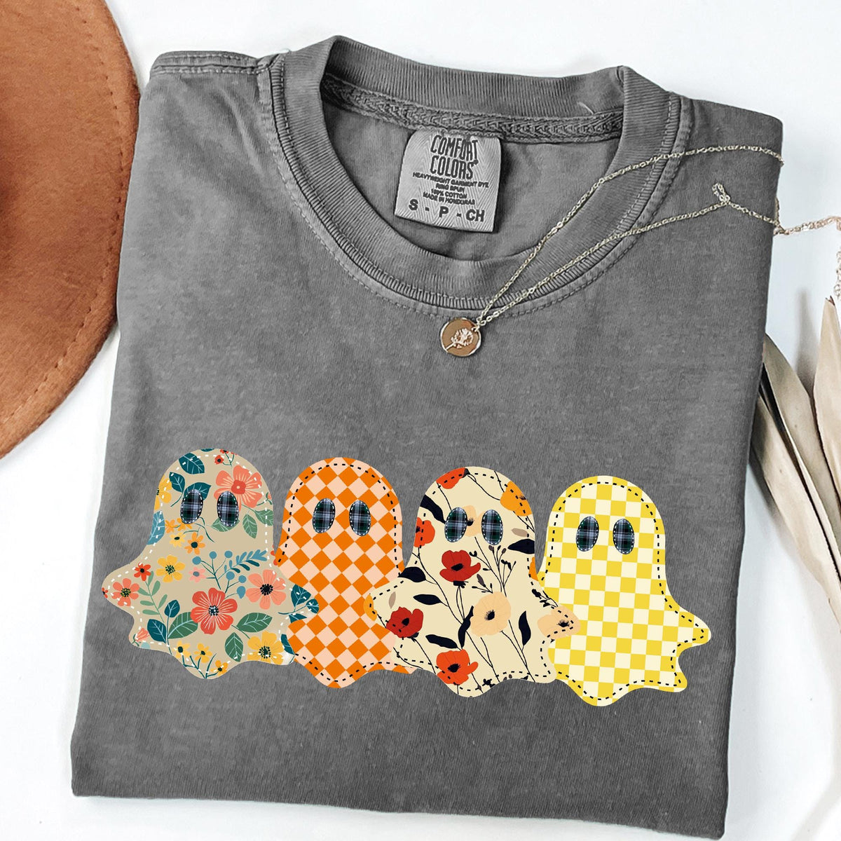 Spooky Season Ghost Shirt, Floral Patchwork Style Print Tee, Preppy Fall Pumpkin Shirt, Comfort Colors® Spooky Tee, Ghost Halloween T-Shirts