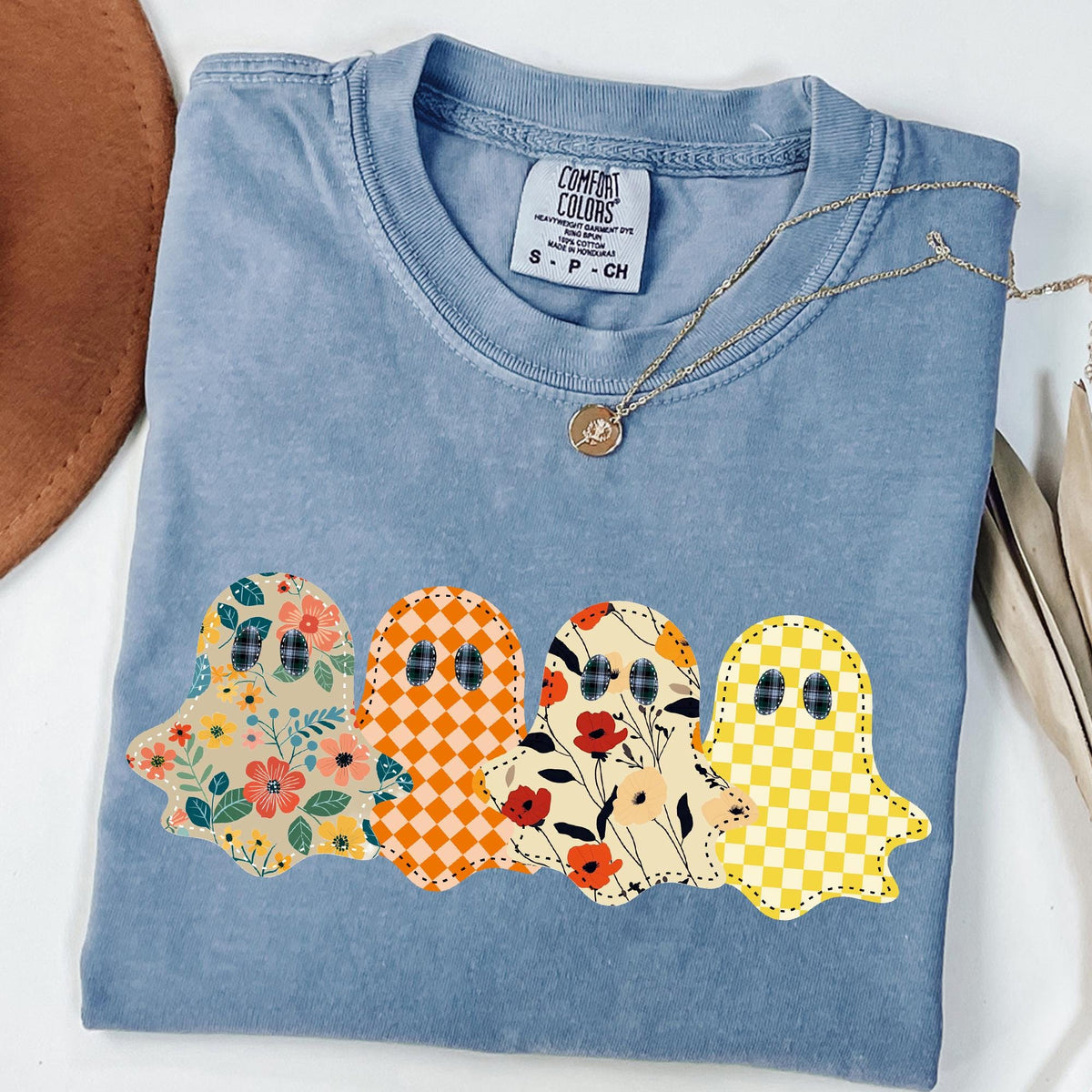 Spooky Season Ghost Shirt, Floral Patchwork Style Print Tee, Preppy Fall Pumpkin Shirt, Comfort Colors® Spooky Tee, Ghost Halloween T-Shirts