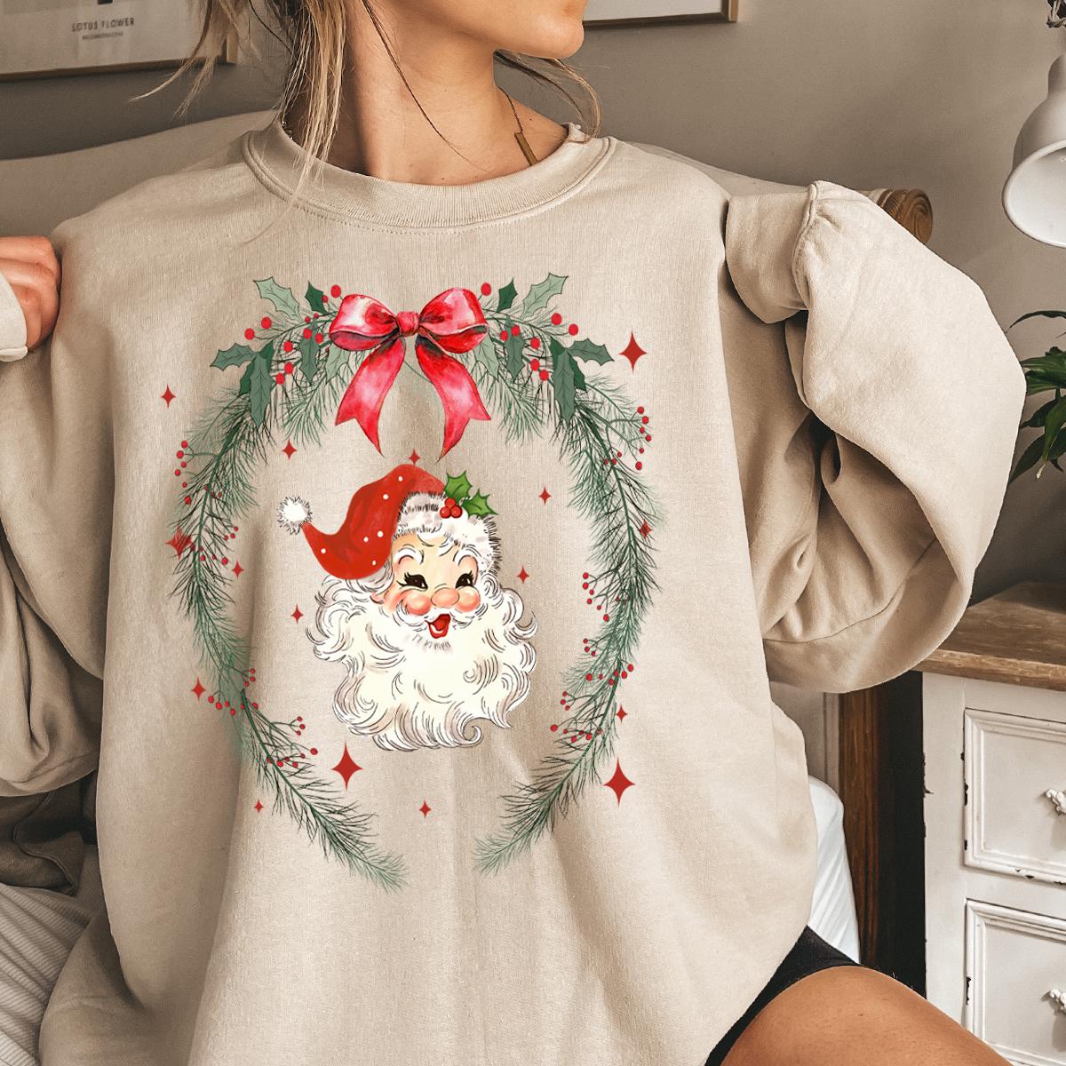 Vintage Santa Claus Sweatshirt, Christmas Coquette Bow Garland Tee, Christmas Santa Crewneck, Christmas Classic Shirt, Girly Christmas Gifts