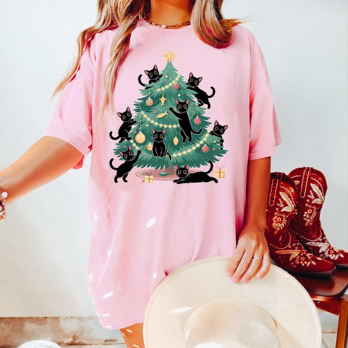 Comfort Colors® Christmas Tree And Cat T-Shirt, Cute Christmas Shirt, Cat Owner Christmas Gift, Christmas Tree Shirt, Cat Lover Xmas T-shirt