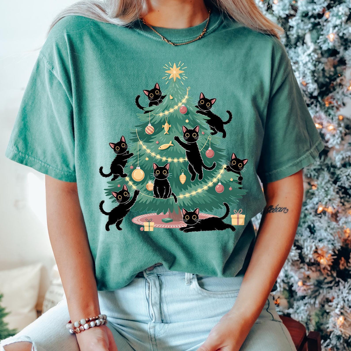 Comfort Colors® Christmas Tree And Cat T-Shirt, Cute Christmas Shirt, Cat Owner Christmas Gift, Christmas Tree Shirt, Cat Lover Xmas T-shirt