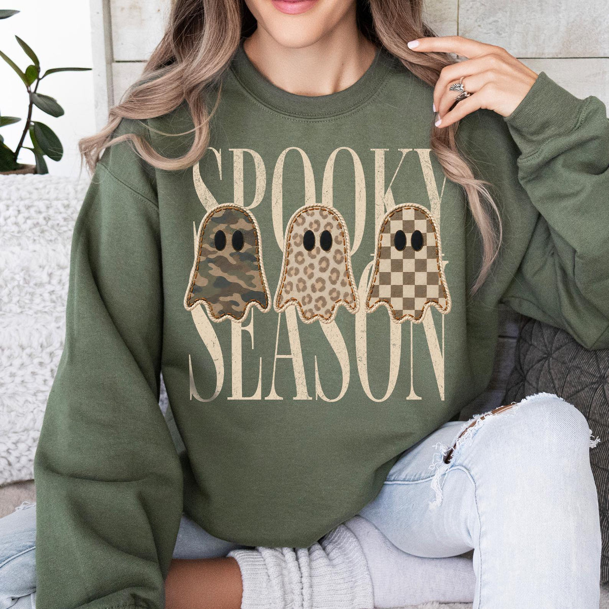 Spooky Season Sweatshirt, Leopard Ghost Sweater, Camo Ghost Sweatshirt, Fall Season Gift, Checkered Ghost Crewneck, Halloween Ghosts Sweater