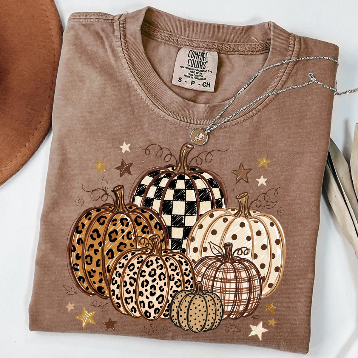 Comfort Colors® Fall Pumpkin T-Shirt, Autumn Fall Shirt, Leopard Print Polka Dot Fall T-shirt, Checkered Pumpkin Shirt, Thanksgiving T-shirt