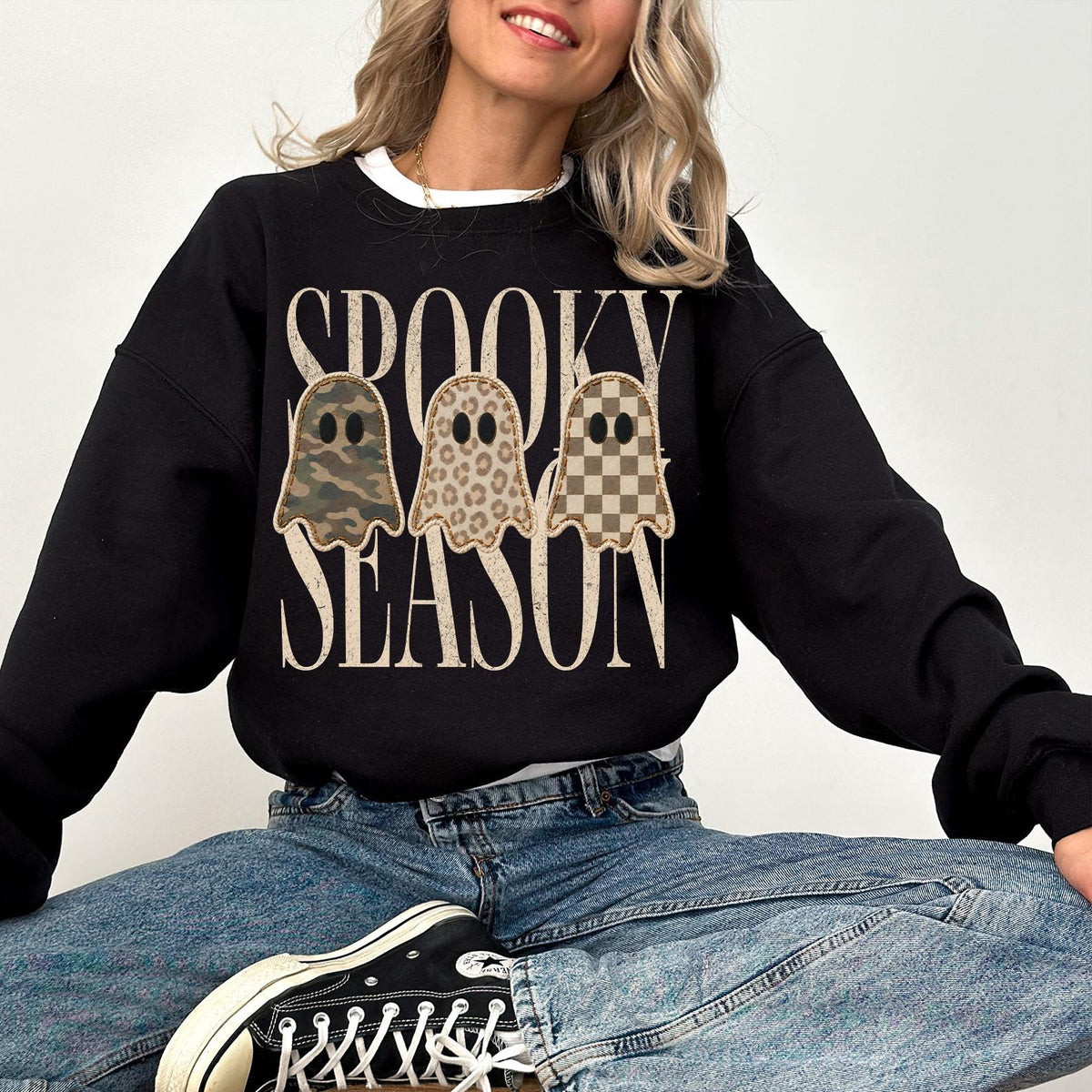 Spooky Season Sweatshirt, Leopard Ghost Sweater, Camo Ghost Sweatshirt, Fall Season Gift, Checkered Ghost Crewneck, Halloween Ghosts Sweater