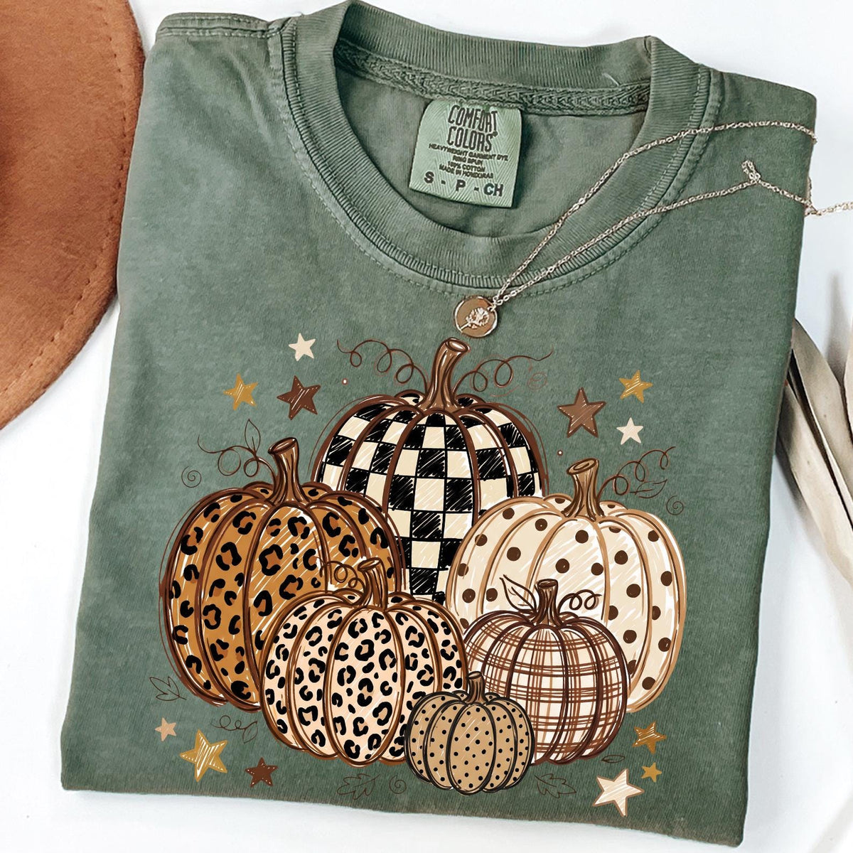 Comfort Colors® Fall Pumpkin T-Shirt, Autumn Fall Shirt, Leopard Print Polka Dot Fall T-shirt, Checkered Pumpkin Shirt, Thanksgiving T-shirt