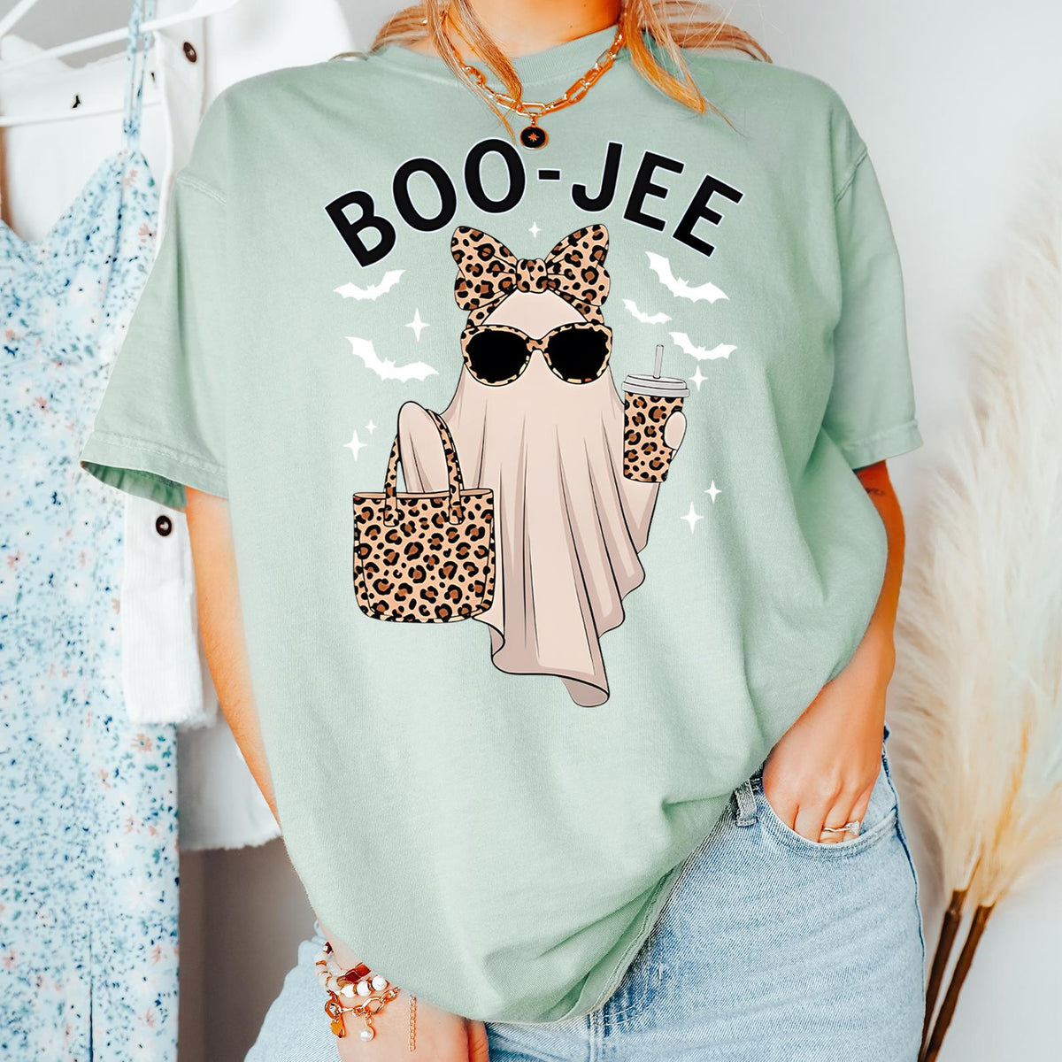 Comfort Colors® Boo-Jee Ghost Shirt, Leopard Ghost Tee, Ghost Coffee Shirt, Ghost Tee, Girly Halloween Gift, Boojee Shirts, Funny Fall Shirt