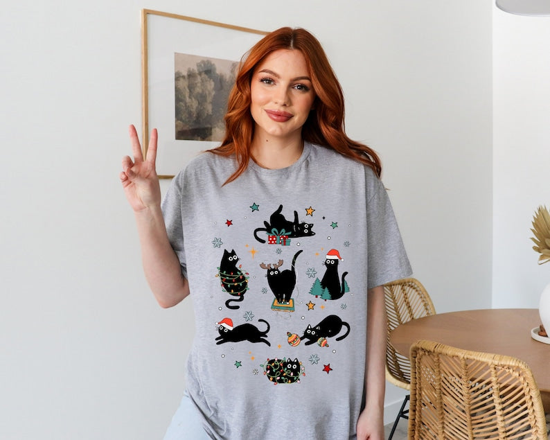 Christmas Black Cat T-Shirt (2XL-3XL)