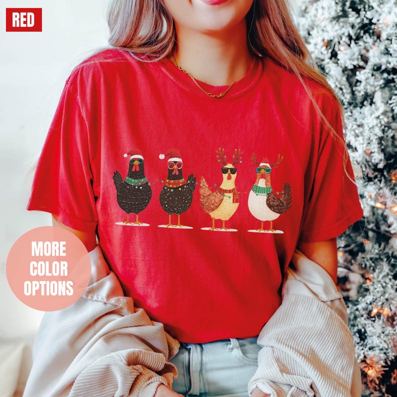 Сute Christmas Chickens Comfort Colors T-Shirt (S-M-L-XL)